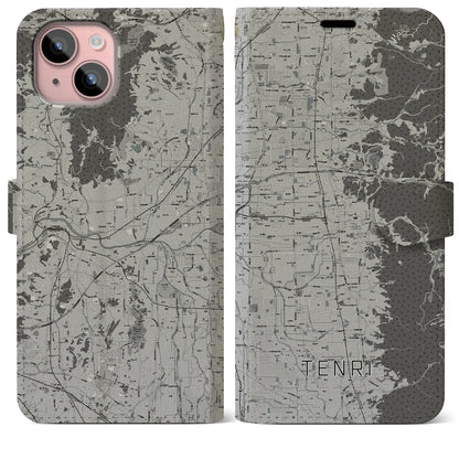 【天理（奈良県）】地図柄iPhoneケース（手帳タイプ）モノトーン・iPhone 15 Plus 用