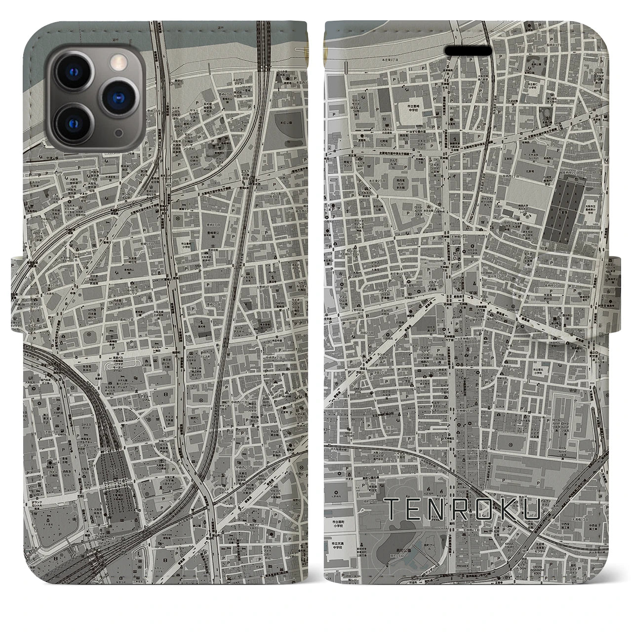 【天六】地図柄iPhoneケース（手帳両面タイプ・モノトーン）iPhone 11 Pro Max 用