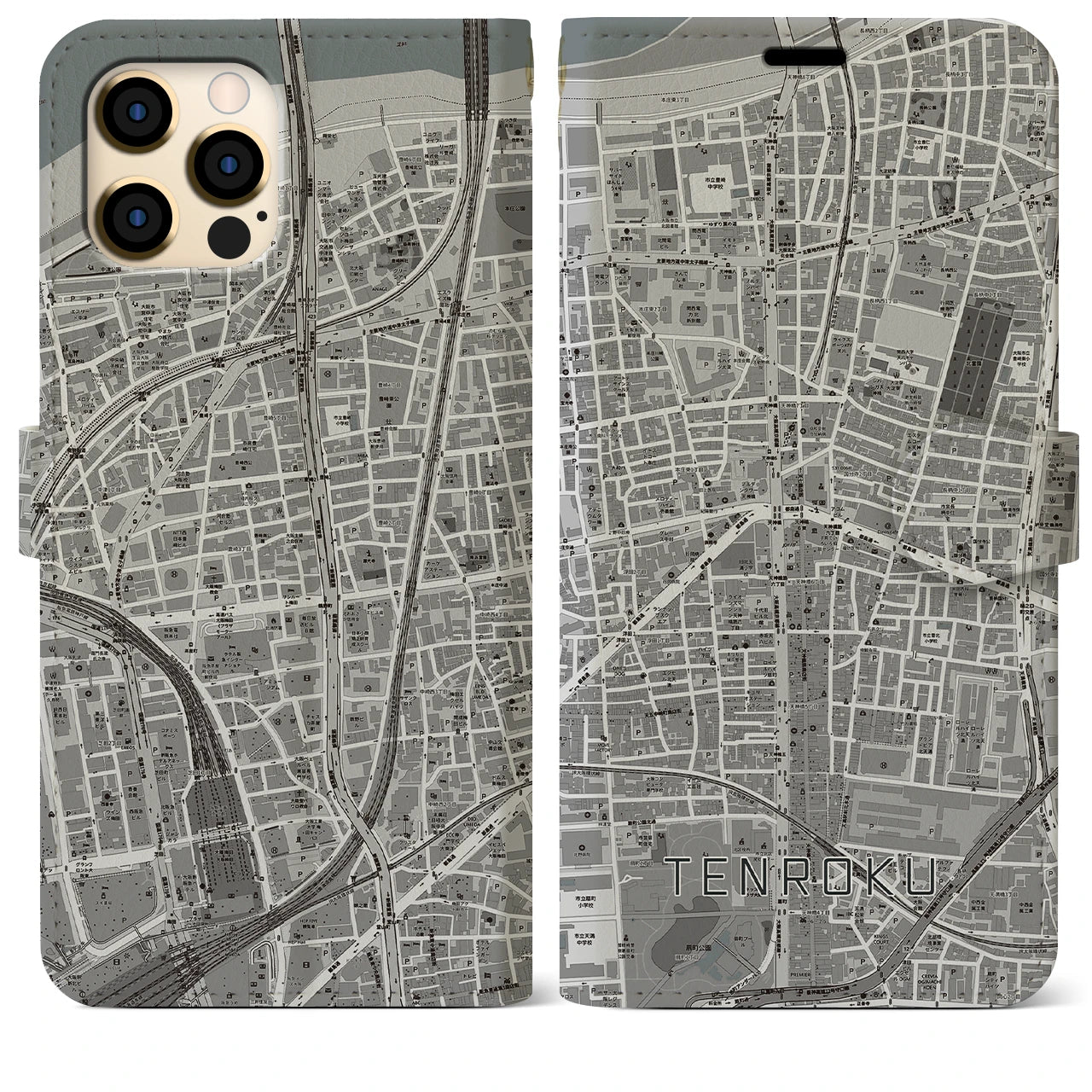 【天六】地図柄iPhoneケース（手帳両面タイプ・モノトーン）iPhone 12 Pro Max 用
