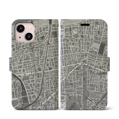 【天六（大阪府）】地図柄iPhoneケース（手帳タイプ）モノトーン・iPhone 13 mini 用