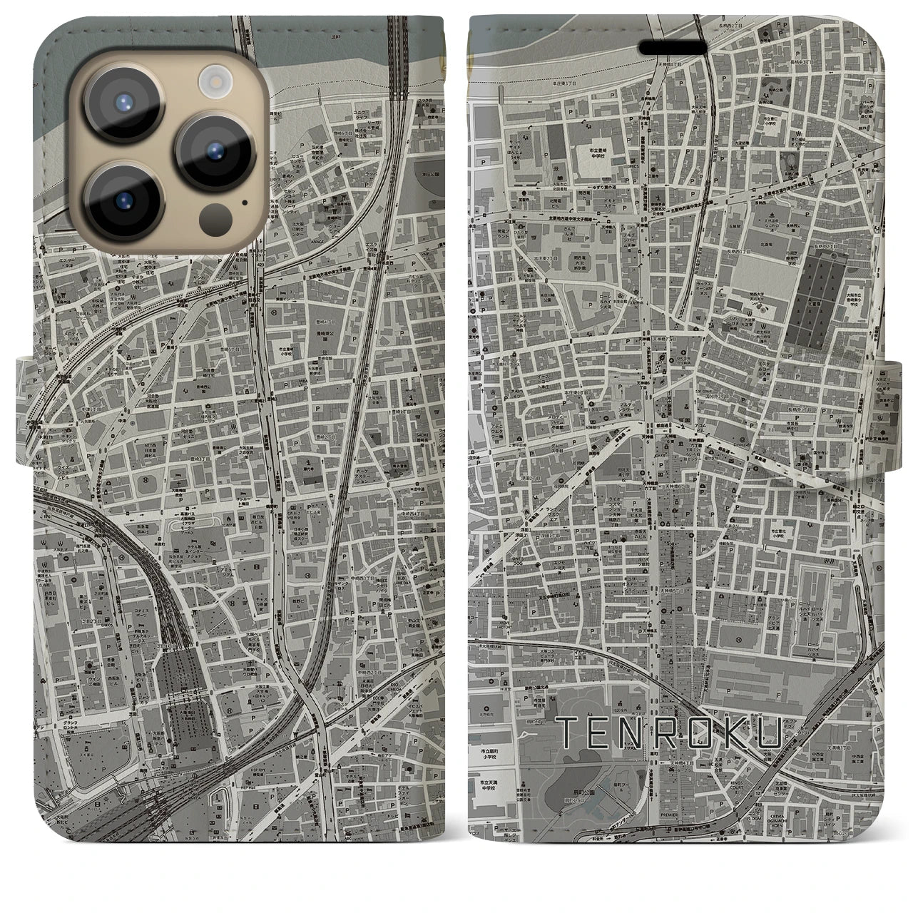 【天六】地図柄iPhoneケース（手帳両面タイプ・モノトーン）iPhone 14 Pro Max 用