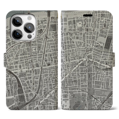 【天六（大阪府）】地図柄iPhoneケース（手帳タイプ）モノトーン・iPhone 14 Pro 用