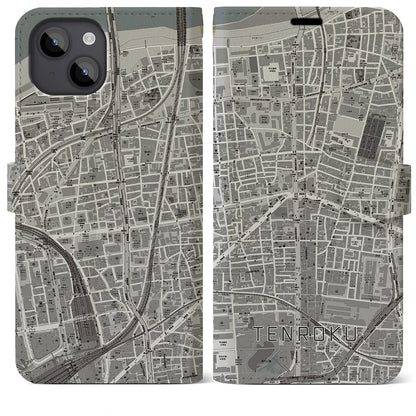 【天六（大阪府）】地図柄iPhoneケース（手帳タイプ）モノトーン・iPhone 14 Plus 用