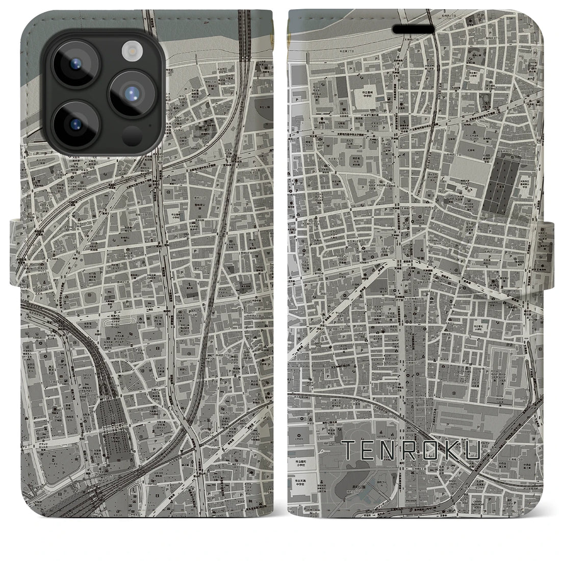 【天六】地図柄iPhoneケース（手帳両面タイプ・モノトーン）iPhone 15 Pro Max 用