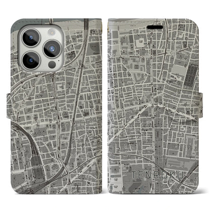 【天六（大阪府）】地図柄iPhoneケース（手帳タイプ）モノトーン・iPhone 15 Pro 用