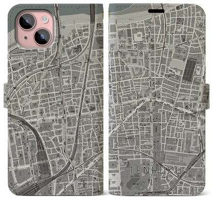 【天六（大阪府）】地図柄iPhoneケース（手帳タイプ）モノトーン・iPhone 15 Plus 用