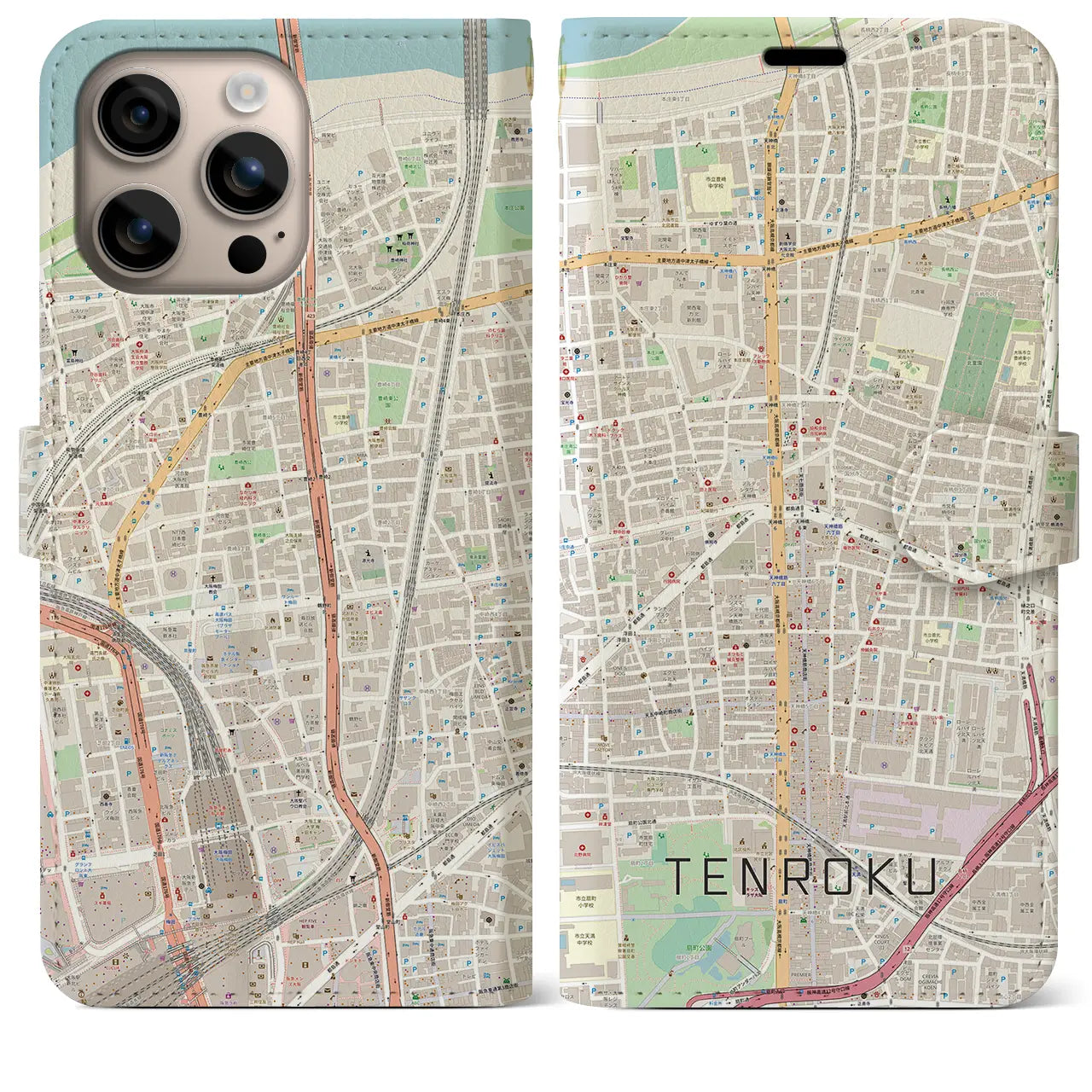 【天六（大阪府）】地図柄iPhoneケース（手帳タイプ）ナチュラル・iPhone 16 Plus 用