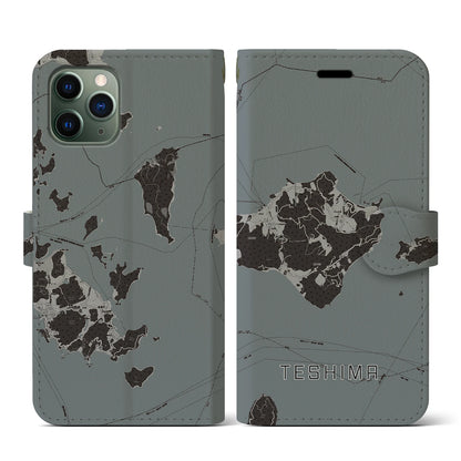 【豊島（香川県）】地図柄iPhoneケース（手帳タイプ）モノトーン・iPhone 11 Pro 用