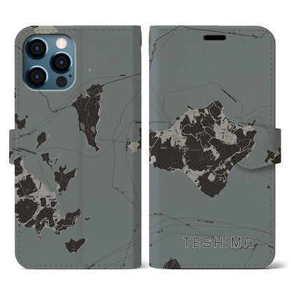 【豊島（香川県）】地図柄iPhoneケース（手帳タイプ）モノトーン・iPhone 12 / 12 Pro 用