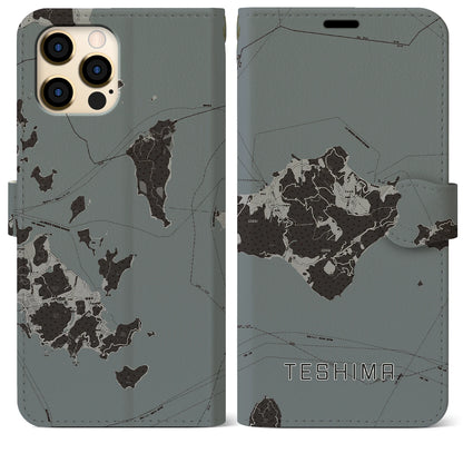 【豊島（香川県）】地図柄iPhoneケース（手帳タイプ）モノトーン・iPhone 12 Pro Max 用