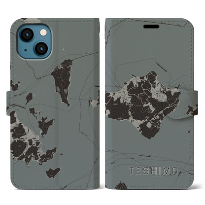 【豊島（香川県）】地図柄iPhoneケース（手帳タイプ）モノトーン・iPhone 13 用