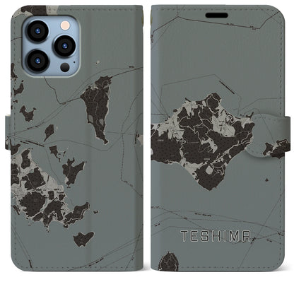 【豊島（香川県）】地図柄iPhoneケース（手帳タイプ）モノトーン・iPhone 13 Pro Max 用