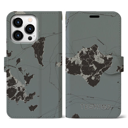 【豊島（香川県）】地図柄iPhoneケース（手帳タイプ）モノトーン・iPhone 13 Pro 用