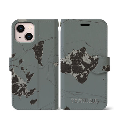 【豊島（香川県）】地図柄iPhoneケース（手帳タイプ）モノトーン・iPhone 13 mini 用