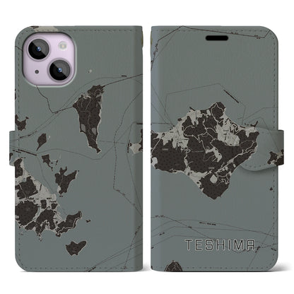 【豊島（香川県）】地図柄iPhoneケース（手帳タイプ）モノトーン・iPhone 14 用