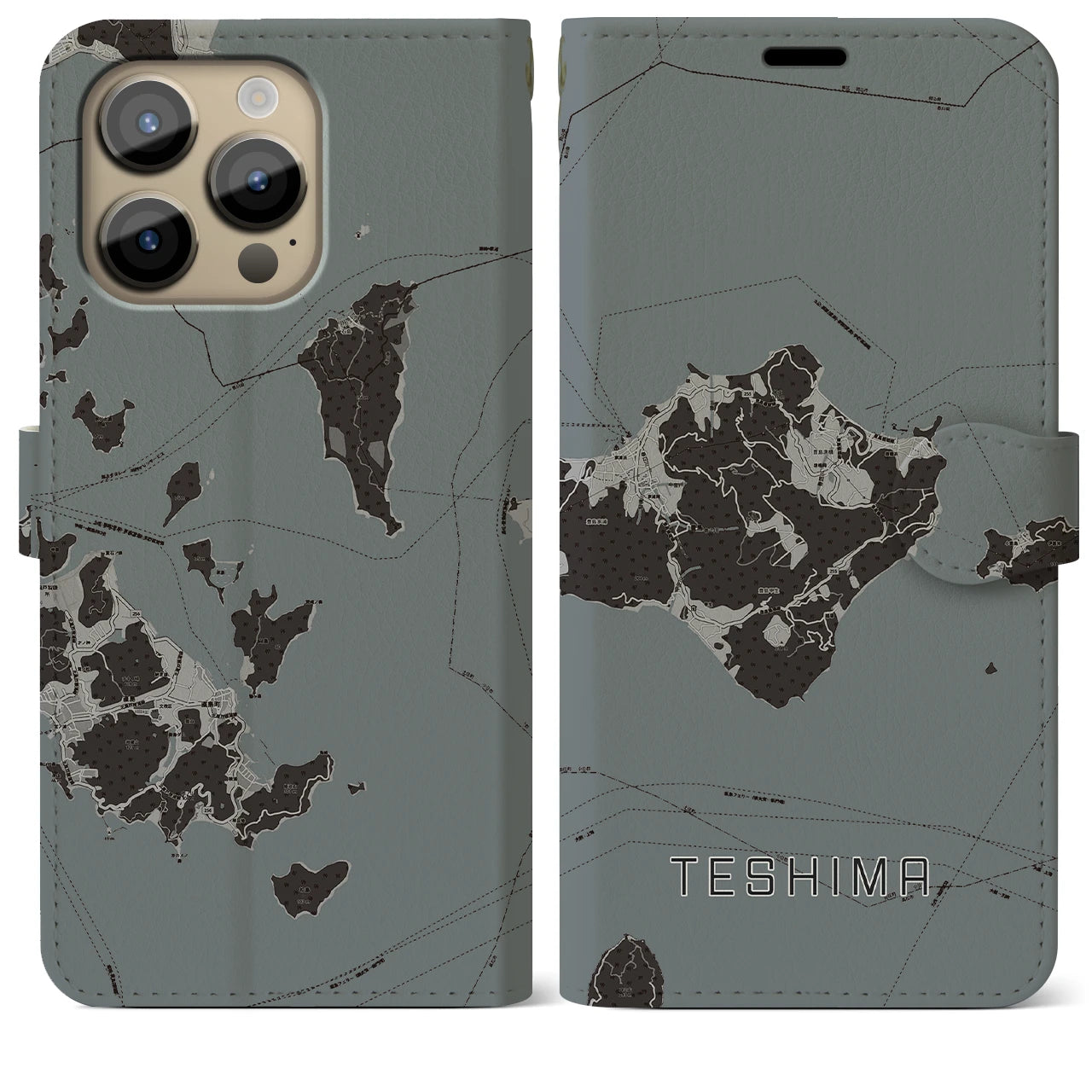 【豊島】地図柄iPhoneケース（手帳両面タイプ・モノトーン）iPhone 14 Pro Max 用
