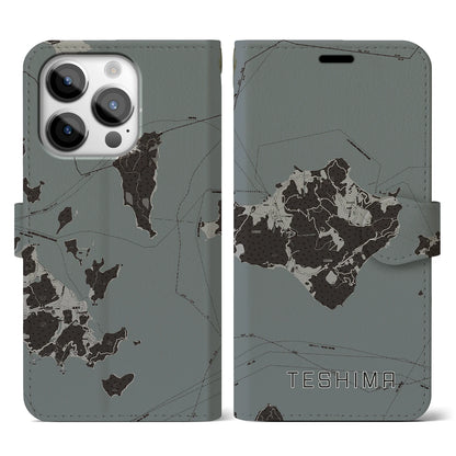 【豊島（香川県）】地図柄iPhoneケース（手帳タイプ）モノトーン・iPhone 14 Pro 用