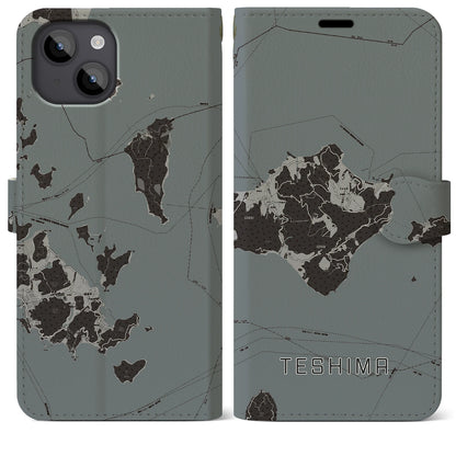 【豊島（香川県）】地図柄iPhoneケース（手帳タイプ）モノトーン・iPhone 14 Plus 用