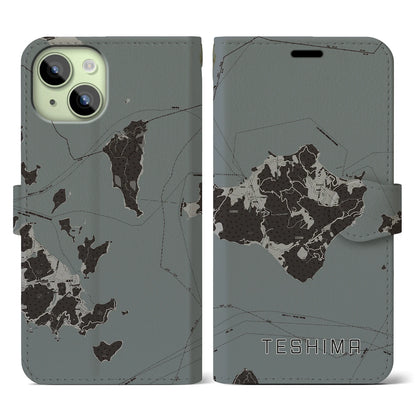 【豊島（香川県）】地図柄iPhoneケース（手帳タイプ）モノトーン・iPhone 15 用