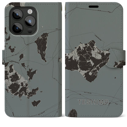 【豊島（香川県）】地図柄iPhoneケース（手帳タイプ）モノトーン・iPhone 15 Pro Max 用