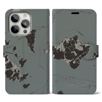 【豊島（香川県）】地図柄iPhoneケース（手帳タイプ）モノトーン・iPhone 15 Pro 用