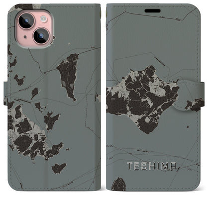 【豊島（香川県）】地図柄iPhoneケース（手帳タイプ）モノトーン・iPhone 15 Plus 用