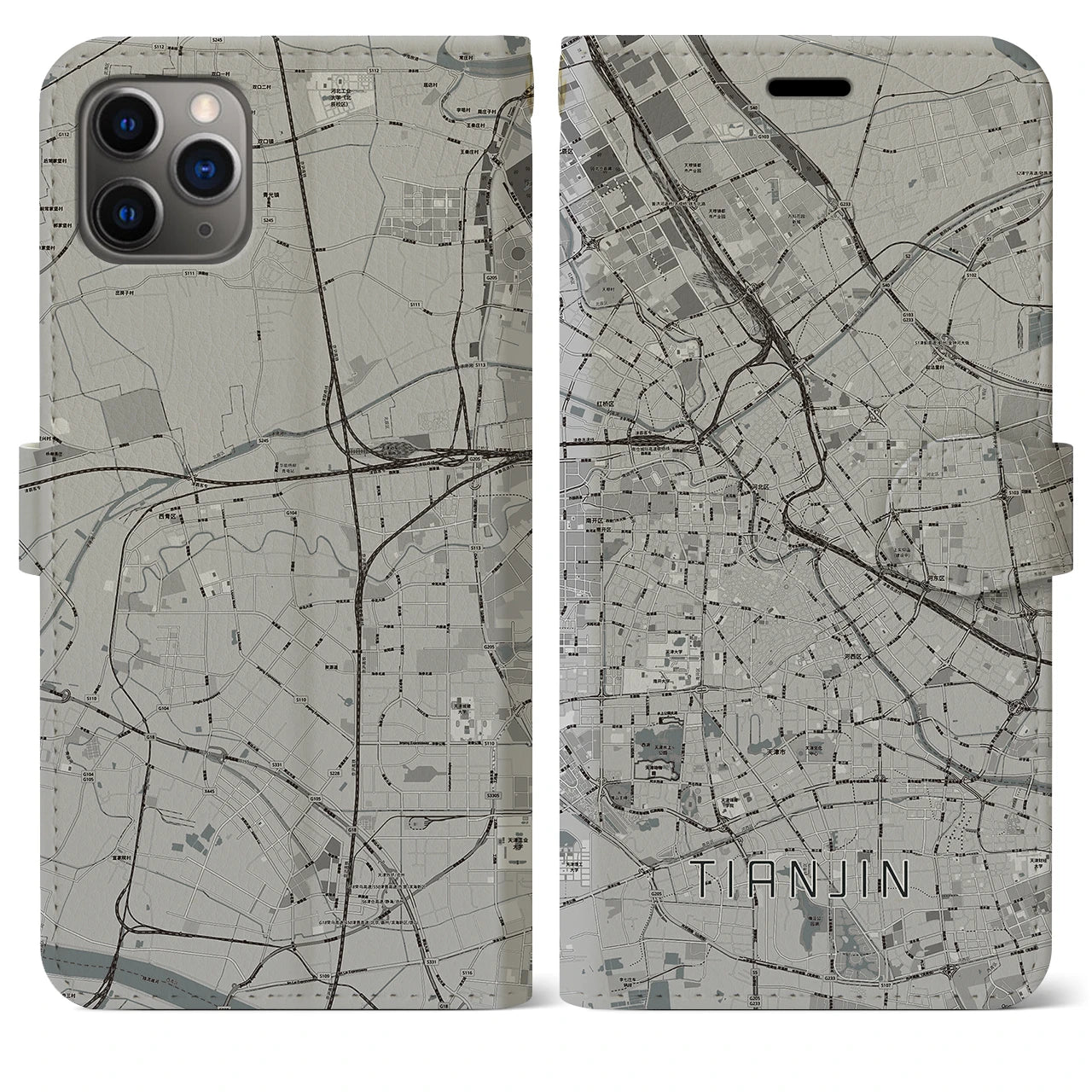 【天津】地図柄iPhoneケース（手帳両面タイプ・モノトーン）iPhone 11 Pro Max 用
