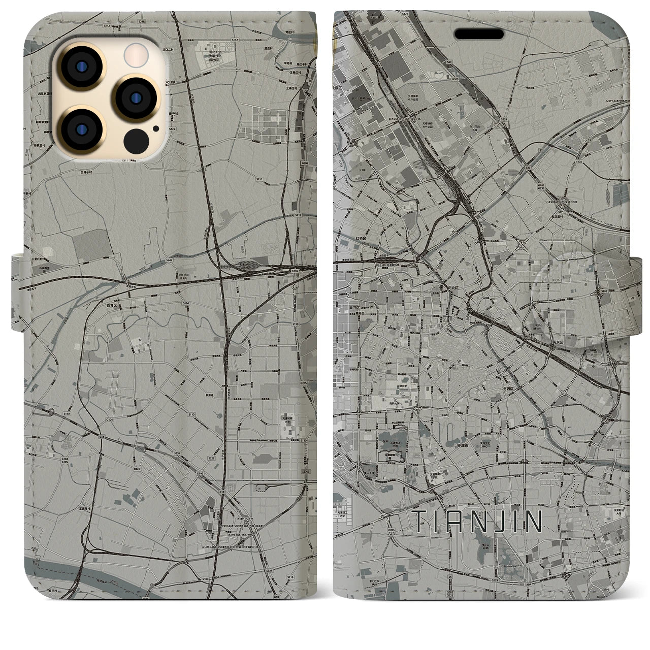 【天津】地図柄iPhoneケース（手帳両面タイプ・モノトーン）iPhone 12 Pro Max 用