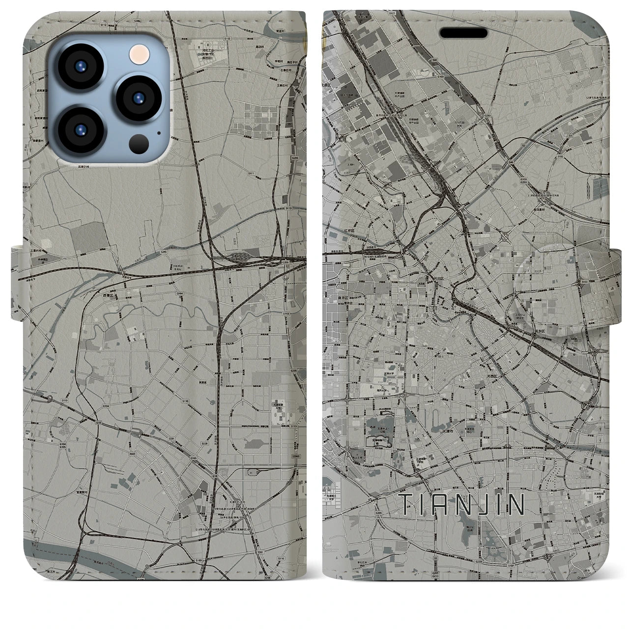 【天津】地図柄iPhoneケース（手帳両面タイプ・モノトーン）iPhone 13 Pro Max 用