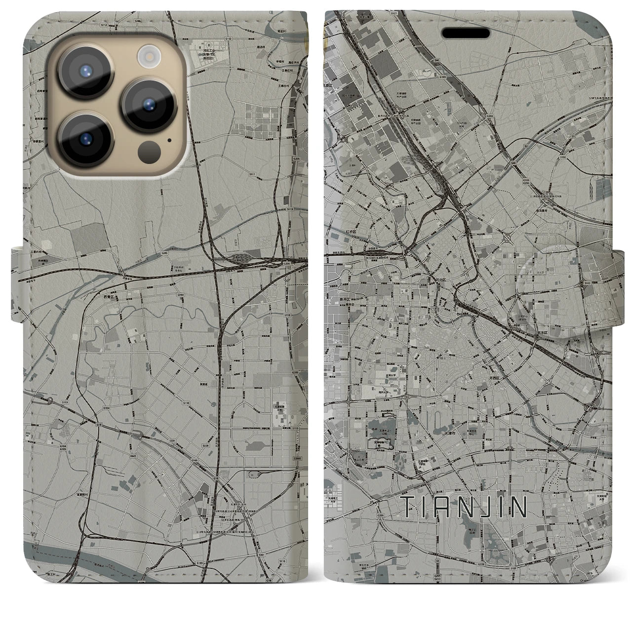 【天津】地図柄iPhoneケース（手帳両面タイプ・モノトーン）iPhone 14 Pro Max 用
