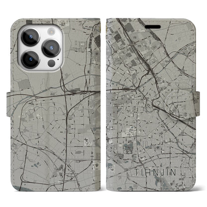 【天津（中華人民共和国）】地図柄iPhoneケース（手帳タイプ）モノトーン・iPhone 14 Pro 用