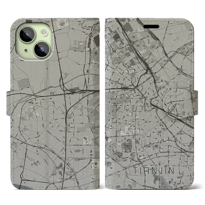 【天津（中華人民共和国）】地図柄iPhoneケース（手帳タイプ）モノトーン・iPhone 15 用