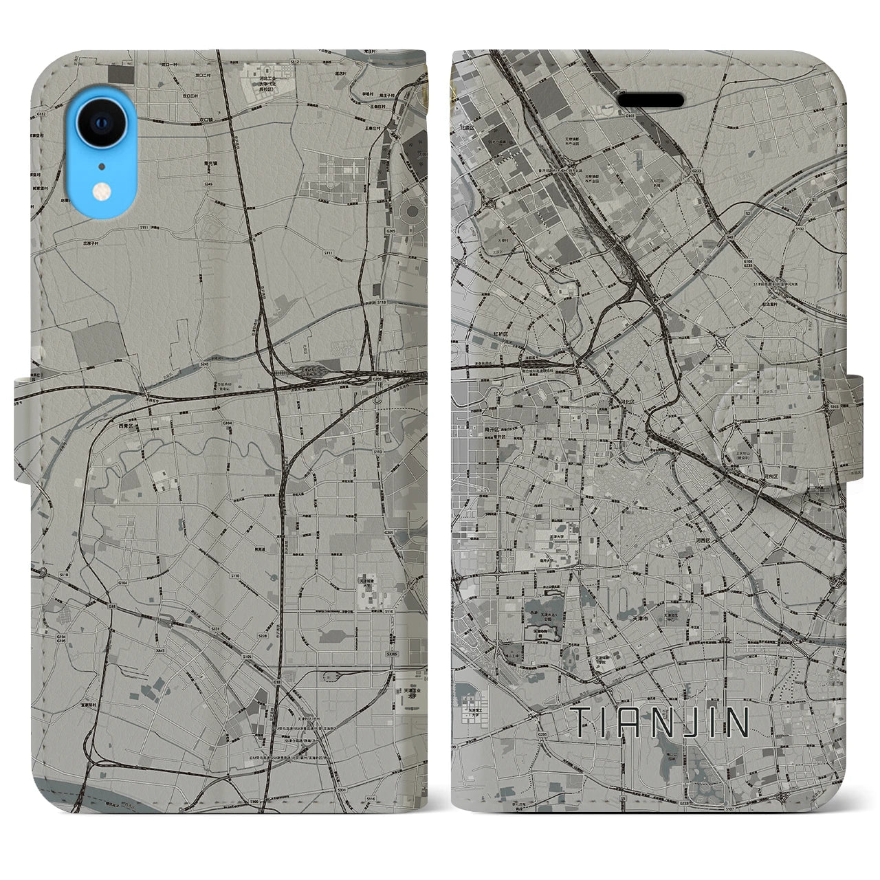【天津】地図柄iPhoneケース（手帳両面タイプ・モノトーン）iPhone XR 用