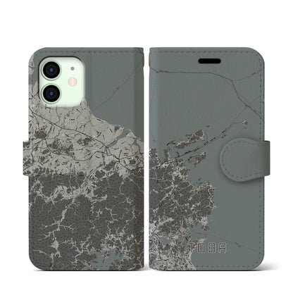 【鳥羽（三重県）】地図柄iPhoneケース（手帳タイプ）モノトーン・iPhone 12 mini 用