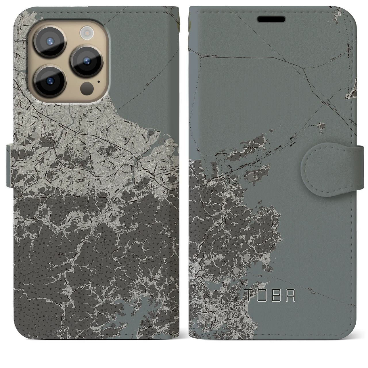 【鳥羽】地図柄iPhoneケース（手帳両面タイプ・モノトーン）iPhone 14 Pro Max 用
