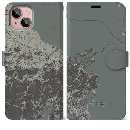 【鳥羽（三重県）】地図柄iPhoneケース（手帳タイプ）モノトーン・iPhone 15 Plus 用