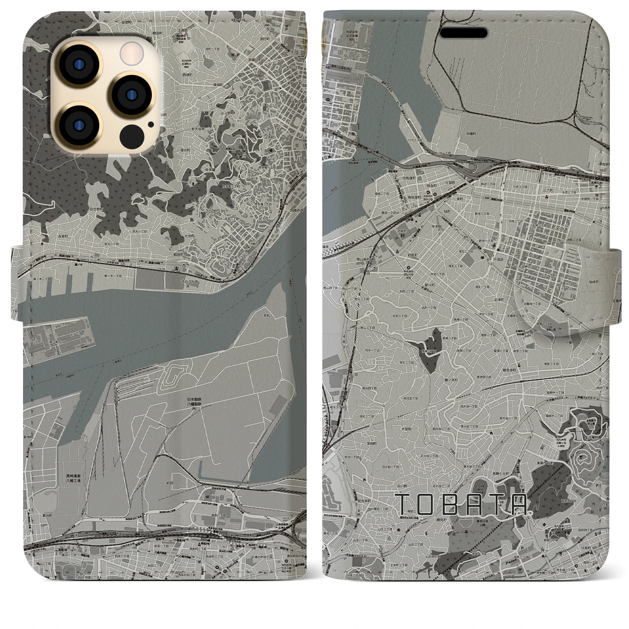 【戸畑】地図柄iPhoneケース（手帳両面タイプ・モノトーン）iPhone 12 Pro Max 用