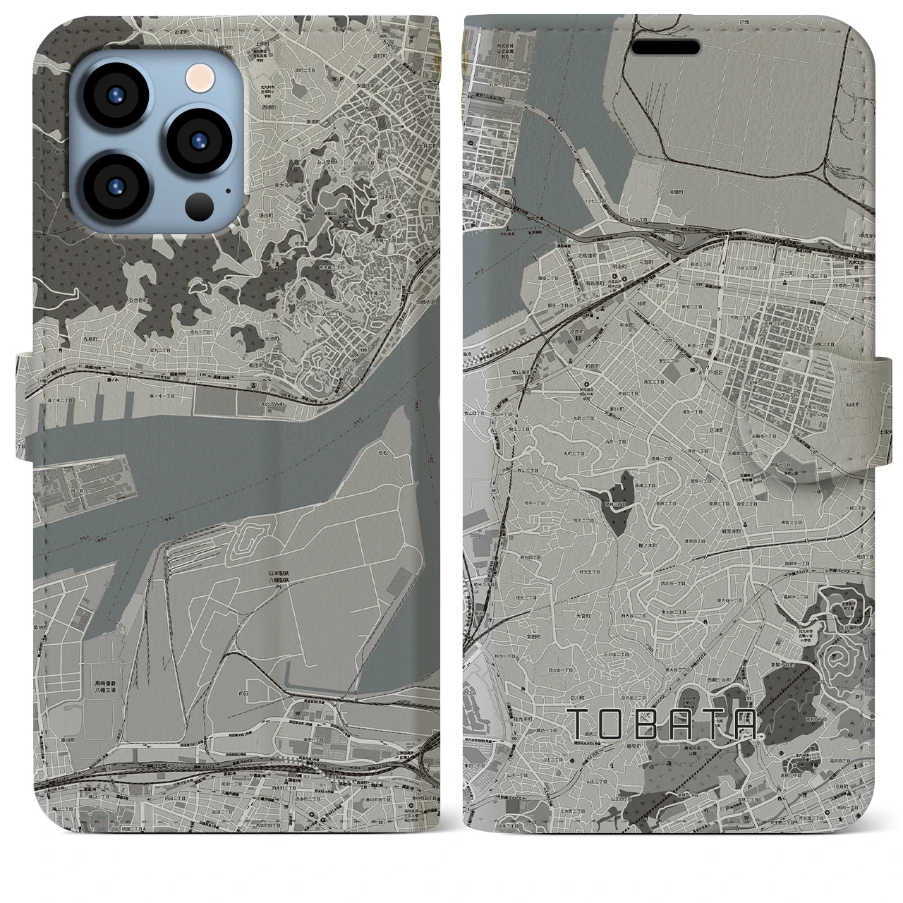 【戸畑】地図柄iPhoneケース（手帳両面タイプ・モノトーン）iPhone 13 Pro Max 用