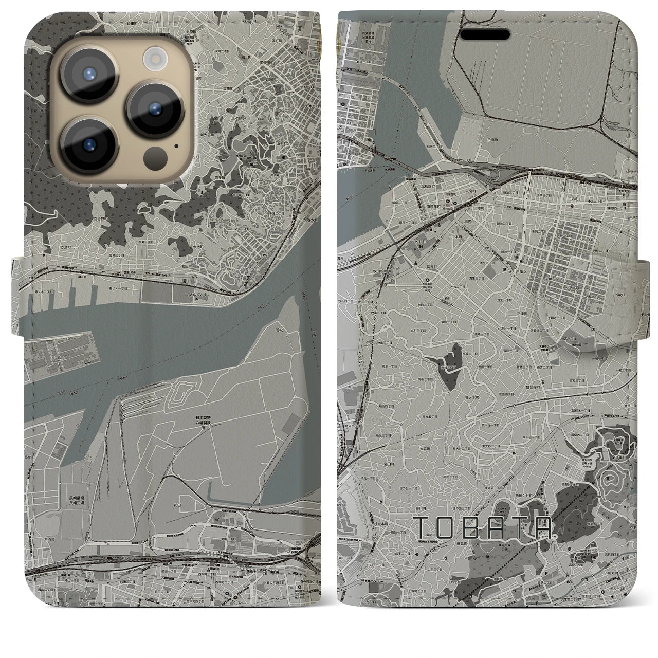 【戸畑】地図柄iPhoneケース（手帳両面タイプ・モノトーン）iPhone 14 Pro Max 用