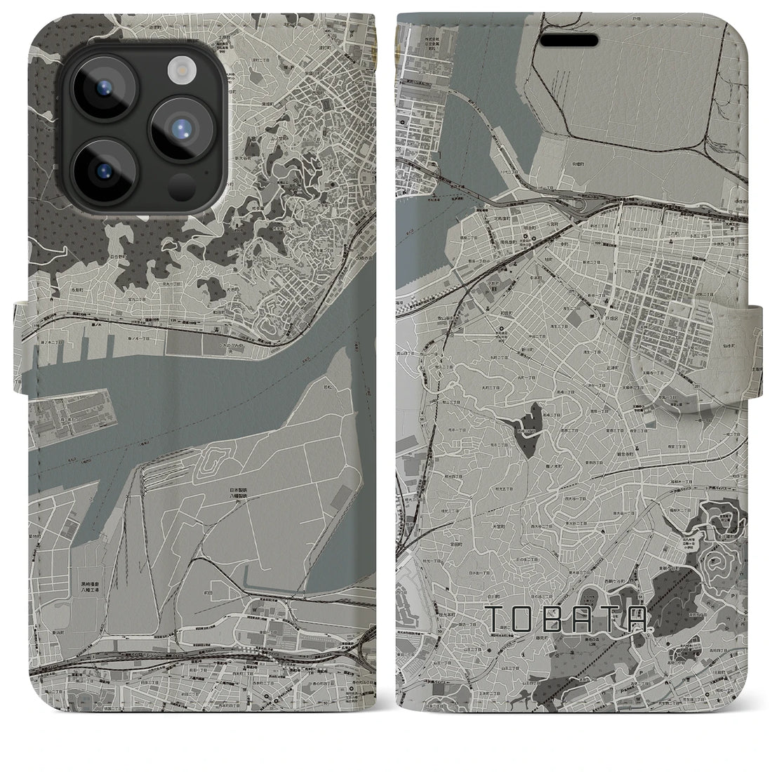 【戸畑】地図柄iPhoneケース（手帳両面タイプ・モノトーン）iPhone 15 Pro Max 用