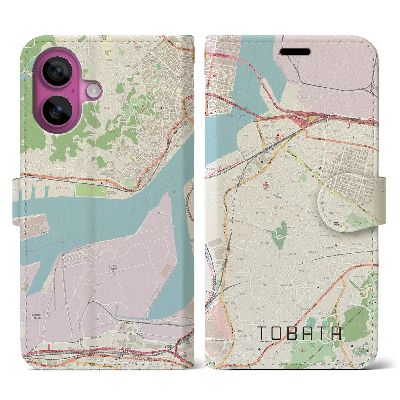 【戸畑（福岡県）】地図柄iPhoneケース（手帳タイプ）ナチュラル・iPhone 16 Pro 用