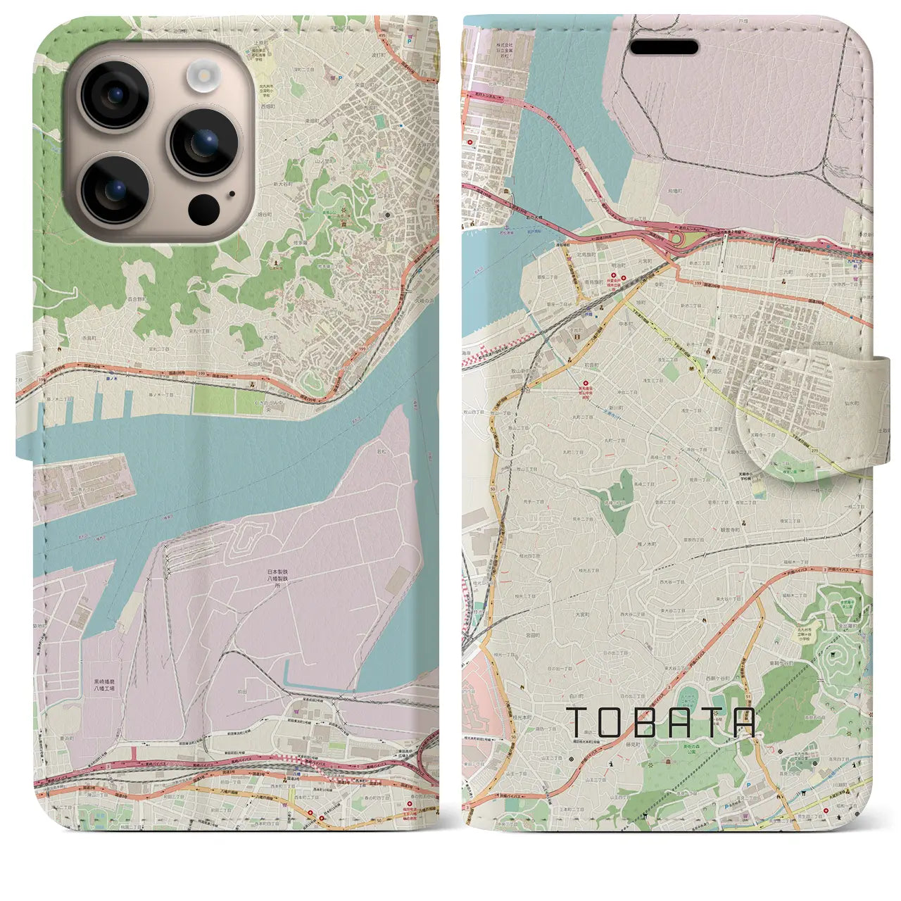 【戸畑（福岡県）】地図柄iPhoneケース（手帳タイプ）ナチュラル・iPhone 16 Plus 用