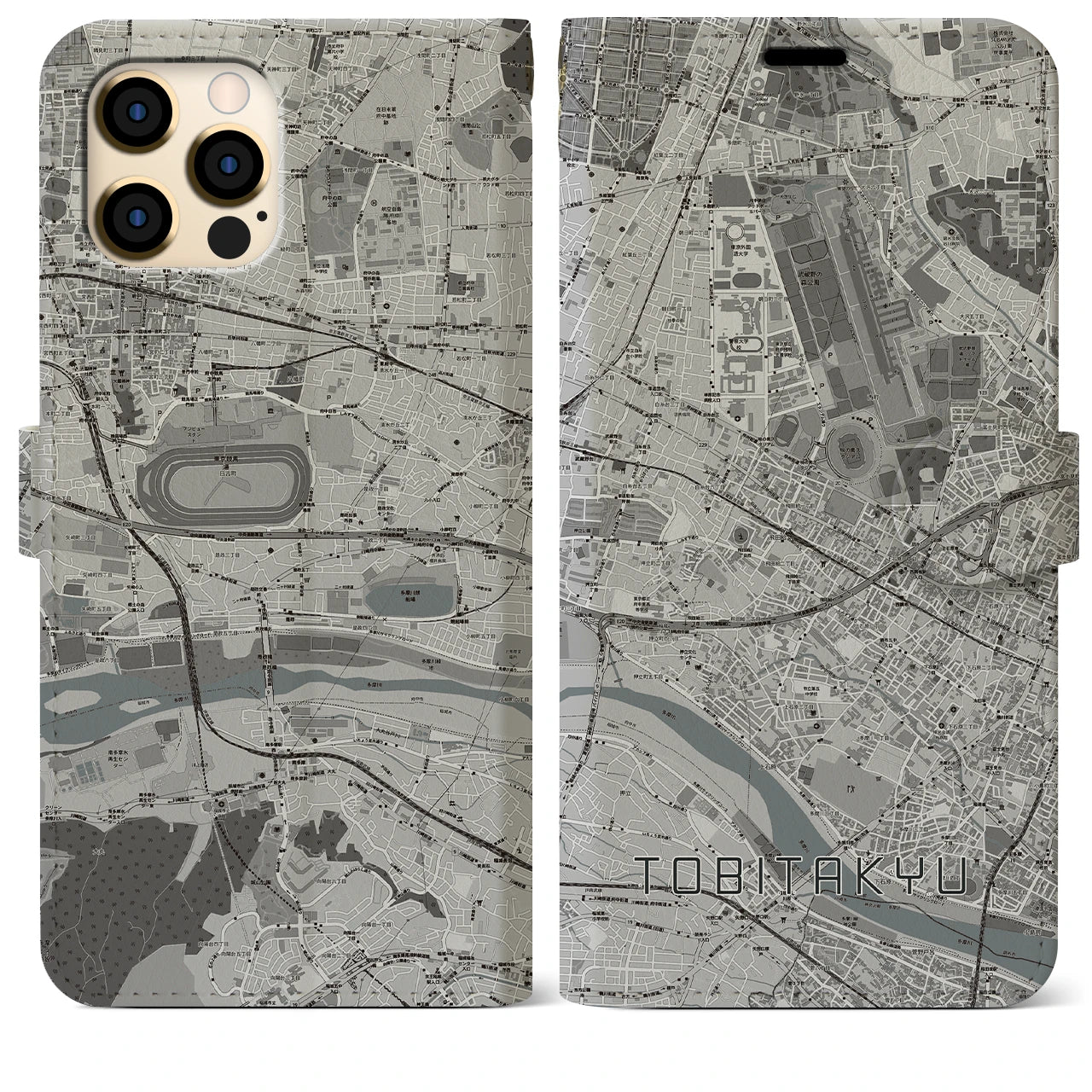 【飛田給】地図柄iPhoneケース（手帳両面タイプ・モノトーン）iPhone 12 Pro Max 用