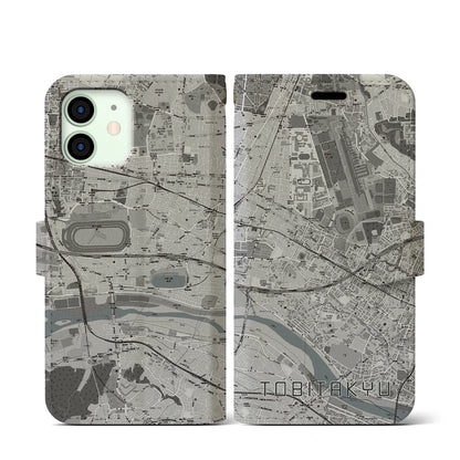 【飛田給（東京都）】地図柄iPhoneケース（手帳タイプ）モノトーン・iPhone 12 mini 用