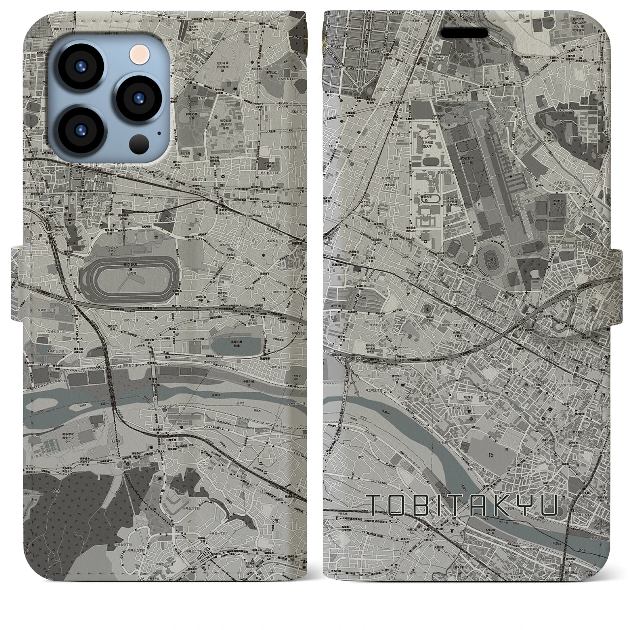 【飛田給】地図柄iPhoneケース（手帳両面タイプ・モノトーン）iPhone 13 Pro Max 用