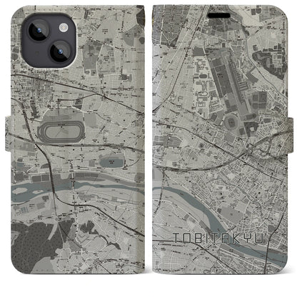 【飛田給（東京都）】地図柄iPhoneケース（手帳タイプ）モノトーン・iPhone 14 Plus 用