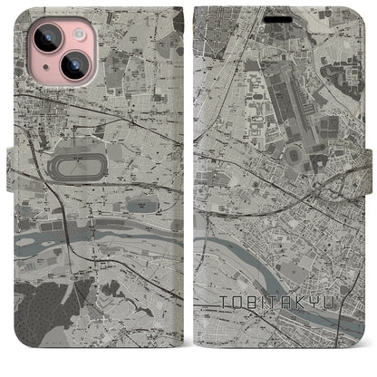 【飛田給（東京都）】地図柄iPhoneケース（手帳タイプ）モノトーン・iPhone 15 Plus 用