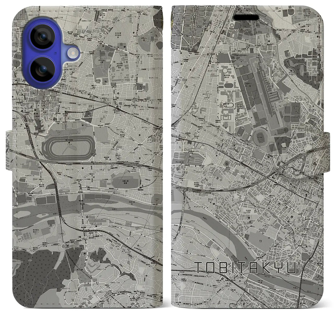 【飛田給(東京都)】地図柄iPhoneケース(手帳タイプ)モノトーン・iPhone 16 Pro Max 用