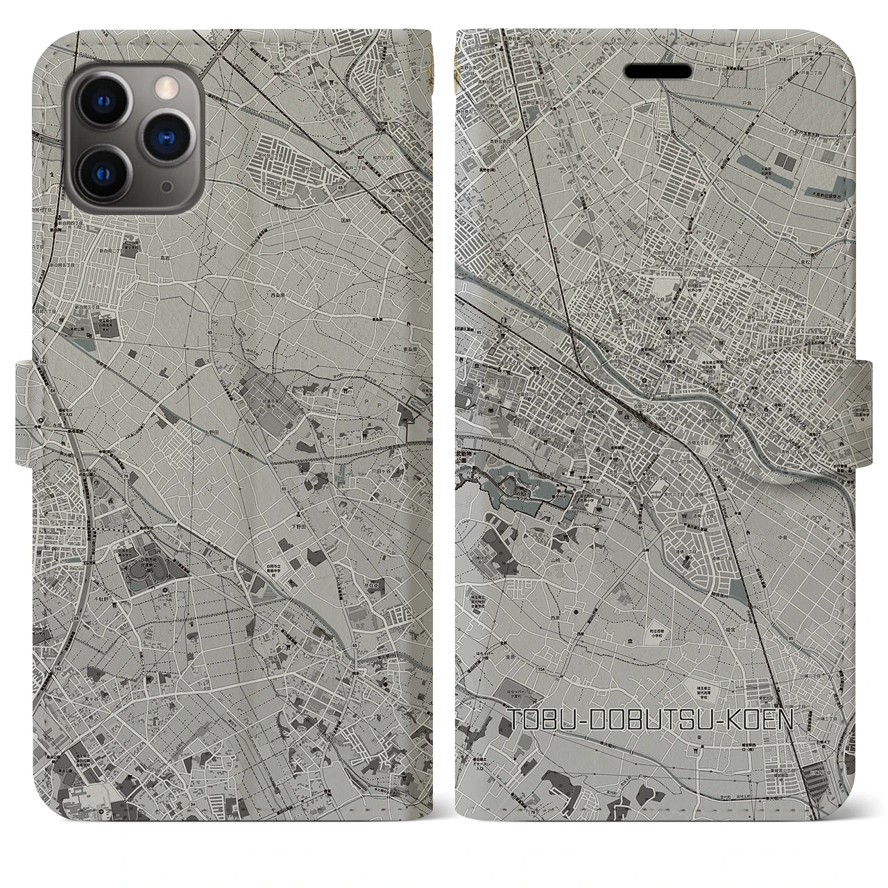 【東武動物公園】地図柄iPhoneケース（手帳両面タイプ・モノトーン）iPhone 11 Pro Max 用