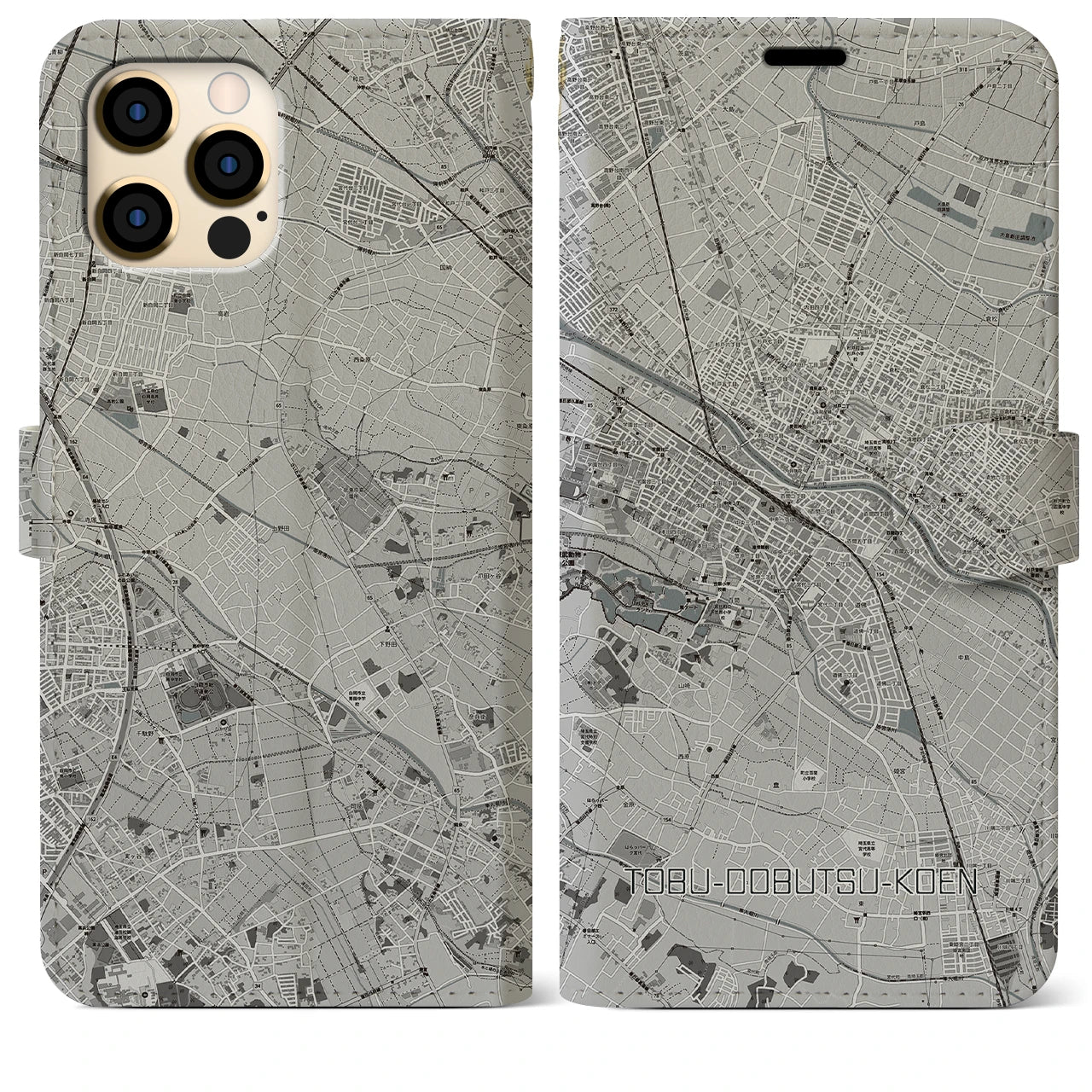 【東武動物公園】地図柄iPhoneケース（手帳両面タイプ・モノトーン）iPhone 12 Pro Max 用